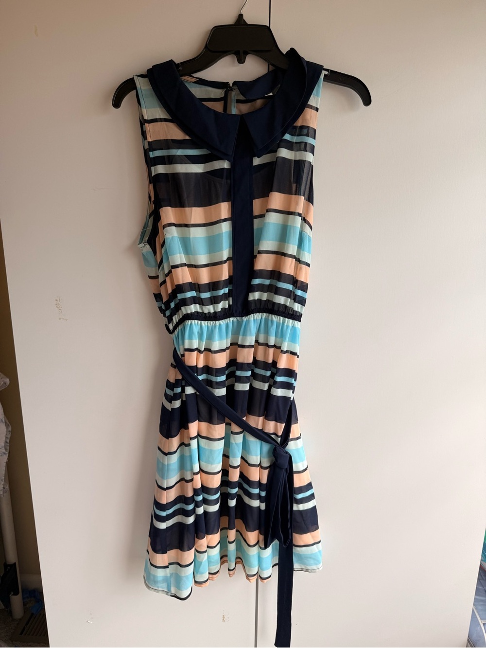 Forever 21 Striped Sleeveless Collared Dress - Navy, Aqua & Peach